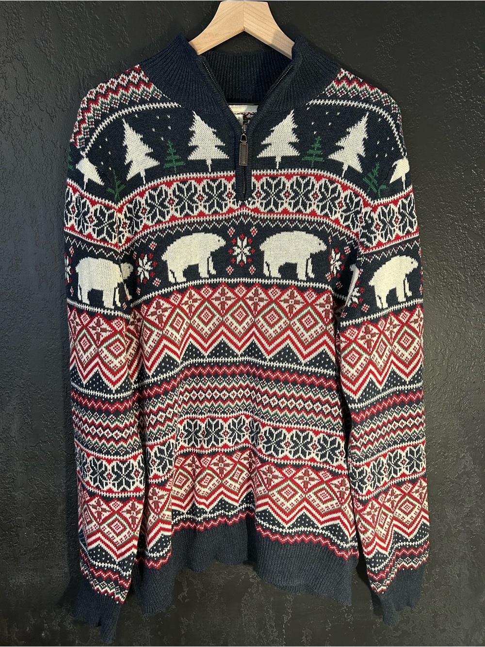 Aspen Men's 1/4 Zip Cotton Nordic Knit Fair Isle Polar Bear Sweater XL